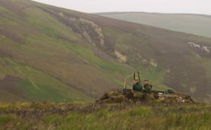 guns in butt with heather moorland behind - grouse shoot, Leadhills, Scotland